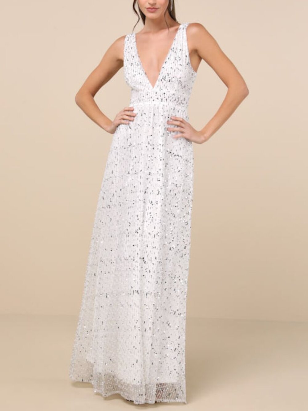 Lulus Solita White Sequin Mesh Sleeveless Maxi Dress - Size M